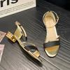 Sandalias de Verano 2025 Nueva Moda Estilo Coreano Piel Brillante Tacón Bajo Tacón Grueso Punta Abierta Talón Cerrado Correa en el Tobillo para Uso en Exteriores