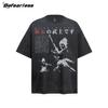 Camiseta de Manga Corta Samurai Viejo Lavado Retro Estilo Americano Verano para Hombre y Mujer Nueva Moda Marca Holgada Vintage Camiseta de Pareja