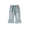Ropa de Primavera y Otoño para Niñas Jeans Bebé Estiloso Personalidad Infantil Marca de Tendencia Estilo Coreano Encaje Volante Lazo Pantalones Acampanados