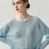 ¡%Cachemira%Seda de Morera! Suéter delgado de cachemira calado para mujer, top de punto de cuello redondo, ajuste holgado y adelgazante, capa base