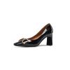 Zapatos de tacón alto con punta cuadrada chic coreanos tacón grueso elegante hebilla metálica boca poco profunda zapatos para mujer OL Social zapatos de mujer piel de vaca charol