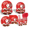 Suministros para Fiesta Navideña Transfronteriza Fiesta Familiar Papel de Plato de Santa Claus Vaso de Papel Cuchillo de Servilleta Juego de Vajilla Decoración