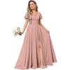 Comercio exterior nuevo vestido de dama de honor de manga corta para mujer largo con cuello en V abertura gasa vestido formal de noche vestido europeo y americano mujer