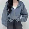Chaqueta de Mezclilla con Capucha y Doble Cremallera Estilo Retro de Hong Kong para Mujer, Chaqueta Corta de Manga Larga Versátil para Primavera y Otoño