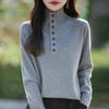 Suéter de punto grueso de dos piezas falsas acanalado con cuello medio abierto y bloques de color retro transfronterizo para mujer, nuevo otoño e invierno 2024, manga larga suelta de moda