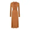Vestido Estilo Spicy Girl Pure Desire com Decote V e Nó Torcido Feminino Outono Temperamento Cadarço Saia Longa Valoriza a Silhueta Manga Longa Cintura Marcada Saia