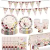Platos de Papel Desechables Temáticos de Flores Rojas de Primavera y Flores Silvestres, Manteles, Servilletas, Suministros de Decoración para Fiestas de Cumpleaños