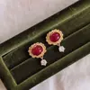 Pendientes de Plata de Ley S925 con Ámbar, Pendientes de Alta Gama de Moda para Mujer, Pendientes de Botón Rojo Ancola Retro Francés, Diseño de Nicho