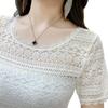 Verano medio corto ombligo descubierto encaje calado interior sexy camiseta de manga corta para mujer versátil cuello redondo camisa de encaje moda