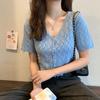 Verão 2024 novo estilo suéter de orelha de madeira cardigã de manga curta camisa básica sexy moderna moderna blusa para mulheres