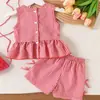 Conjunto de Duas Peças Moda Verão Europeu e Americano Novo Elegante Xadrez Vermelho com Laço para Meninas Roupas Infantis