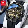 Marca Oulishi Cinta Adhesiva Nueva Volante Falso Hueco Reloj de Cuarzo Multifuncional para Hombre Cronógrafo Luminoso Resistente al Agua Reloj para Hombre
