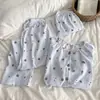 Pijama de Algodão Nuvem para Mulheres, Conjunto de Três Peças Verão Fino Manga Curta Calça Longa, Conjunto de Roupa de Casa Solto e Fofo de Menina Cartoon