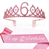 Coroa Fofa Doce de Aniversário Infantil Festa Tiara Fita Alça de Ombro conjunto Decoração Faixa de Cabeça com Diamante Rosa Coroa de Um Ano
