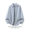 Camisa azul de rayas verticales de manga larga para hombre, moda otoñal casual japonesa para hombre, tela Oxford, chaqueta ligera para principios de otoño