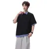 Camisa POLO de Manga Curta com Patchwork Color Block, Gola Reversível e Estampa Xadrez de Verão, Estilo Americano, Peça Falsa de Duas Peças, Solta, para Homens e Mulheres, Camiseta de Meia Manga para Casais