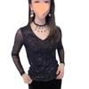 Camiseta de Malla de Manga Larga con Cuello en V y Lentejuelas a la Moda para Mujer Primavera y Otoño 2025 Ajuste Slim Versátil Camiseta Básica