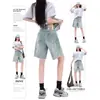Shorts jeans femininos azul claro estilo retrô americano, novo estilo de verão, cintura alta, corte reto, rasgado, perna larga, comprimento médio