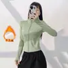Jaqueta de Yoga Feminina com Forro de Fleece para Outono e Inverno Gola Alta Zíper Cintura Ajustada Slim-Fit Roupa Fitness Polegar Espessado Fleece Top Esportivo