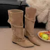 Botas Femininas de Salto Bloco Marrom Bico Fino Botas Longas 2026 Novo Outono Retro Emagrecimento Alargamento Estilo Coreano Botas Longas de Cavaleiro