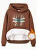 Sudadera de mujer transfronteriza de otoño e invierno con capucha y bolsillo tipo canguro de manga larga con forro polar y estampado de libélula gruesa.