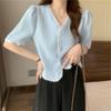 Camiseta corta de verano con escote en V y hombros descubiertos para chica gordita, estilo francés, adelgazante, talla grande, ropa para mujer