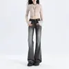 Jeans Lavado Preto e Cinza de Cintura Alta Estilo Americano Tendência Inverno 2025 para Mulheres, Calças Flare Elásticas de Corte Slim