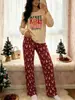 Fornecimento direto de fábrica, plataforma transfronteiriça, pijamas femininos de outono e inverno de comprimento duplo, gola redonda, pulôver, roupa de casa, Wan, fantasias de Natal