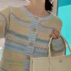 Casaco de malha listrado torcido de cores contrastantes, doce e suave, estilo coreano, outono e inverno, novo, cardigã de malha feminino solto, estilo Chanel