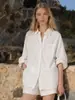 Conjunto de camisa e shorts de linho para mulheres, primavera/verão, estilo relaxado, calça reta solta, conjunto de duas peças respirável e com proteção solar