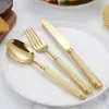 Juego de Cubiertos de Acero Inoxidable Columna Romana Dorada Caja de Madera 24 Piezas Estilo Occidental Cuchillo para Bistec, Tenedor y Cuchara