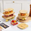 Contenedor de Almacenamiento de Alimentos de Vidrio de Borosilicato Alto Tapa de Madera de Bambú Lonchera Calentamiento en Microondas Caja Bento Sellada Bol para Almacenamiento de Frutas y Snacks