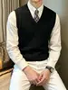 Colete Tricot Gola V Masculino Estilo Britânico Retrô Outono Inverno Cor Sólida Jovem Roupa de Baixo Cardigã de Tricô Sem Mangas
