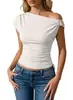 2026 Amazon Moda Transfronteriza Europea y Americana Camiseta de Manga Larga Acanalada Ajustada Asimétrica Hombros Descubiertos con Hebilla Metálica para Mujer