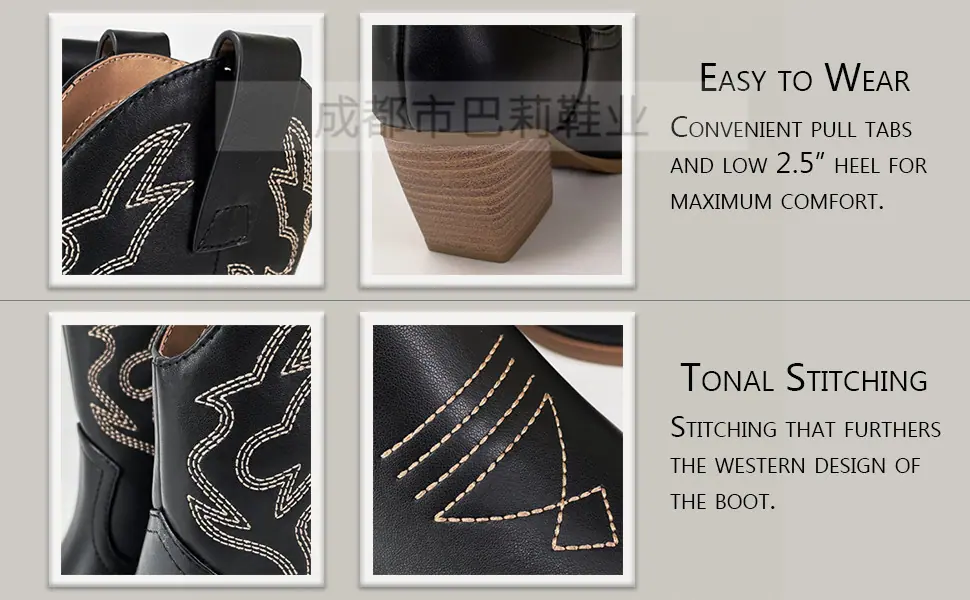 Soda Blazing. Stitching that furthers the western design. Easy to wear with pull tabs and low heel.