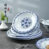 Melamina azul retro y blanco porcelana restaurante comercial imitación porcelana hotel plástico Tazón grande lavabo para sopa plato hondo invertido plato para sopa vajilla