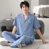 Pijama de gasa de doble capa para hombre hecho de tela de algodón puro, gasa 100% algodón, ropa de casa de algodón para bebé, pantalones largos de manga corta de verano para hombre