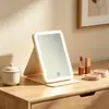Espelho de Maquiagem LED com Luz, Dobrável, Portátil, Estilo Ins, Espelho de Mesa para Quarto de Estudante, Espelho de PU de Alta Definição
