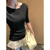 Top de tricô versátil estilo coreano, ombro a ombro, manga média, respirável, verão 2026, seda gelo, lavada, slim fit, versátil