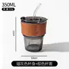 Taza de vidrio de moda estilo bambú con tapa y funda de cuero, taza de agua de bambú portátil con pajilla, aislada y anti-quemaduras, taza de vidrio con pajilla de 350 ml