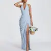 Moda Feminina Europeia e Americana Transfronteiriça Nova Outono 2026: Vestido de Festa Elegante com Decote Halter Sexy e Fenda, Cor Sólida