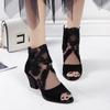 Suministro transfronterizo Amazon ebay venta caliente talla grande malla tacón alto tacón grueso encaje punta abierta zapatos de mujer