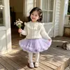Conjunto de Suéter e Saia Plissada Estilo Coreano para Crianças Primavera e Outono Cardigã de Tricô com Babados para Meninas Conjunto de Duas Peças com Saia Tutu em Camadas