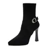 Primer Encuentro Temporada Negra Botas de Moda de Tacón Alto para Mujer 2026 Nuevas Botines Franceses de Punta Fina con Hebilla y Tacón Delgado Botas Adelgazantes