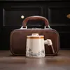 Taza de oficina con esmalte craquelado de horno Ru, con mango de madera, diseño antiquemaduras, con tapa, separación de té y agua, adecuada para la oficina, el hogar y uso personal
