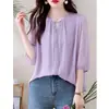 Elegante Camisa Morada de Manga Tres Cuartos para Mujer, Nuevo Estilo Verano 2026, Tallas Grandes, Favorecedora para Cubrir el Vientre, Blusa Muy Atractiva