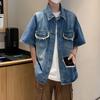 Camisa de lapela de verão manga curta design retrô masculino solto estilo japonês personalizado all-match Denim meia camisa de manga