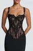 Camisola vintage europeia e americana de renda com cintura de espartilho, modelagem com barbatanas, afunilamento da cintura, top tubinho transparente sexy estilo corte em preto
