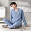 Novos pijamas de algodão puro para outono e inverno para homens, estilo simples casual, cardigã de manga comprida, conjunto de roupa caseira para jovens, pode ser usado fora