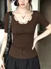 Camiseta de Manga Corta Color Café Estilo Hot Girl para Mujer, Diseño de Verano con Cordón, Corte Ajustado, Pura y Sexy, Top Versátil, Moderno